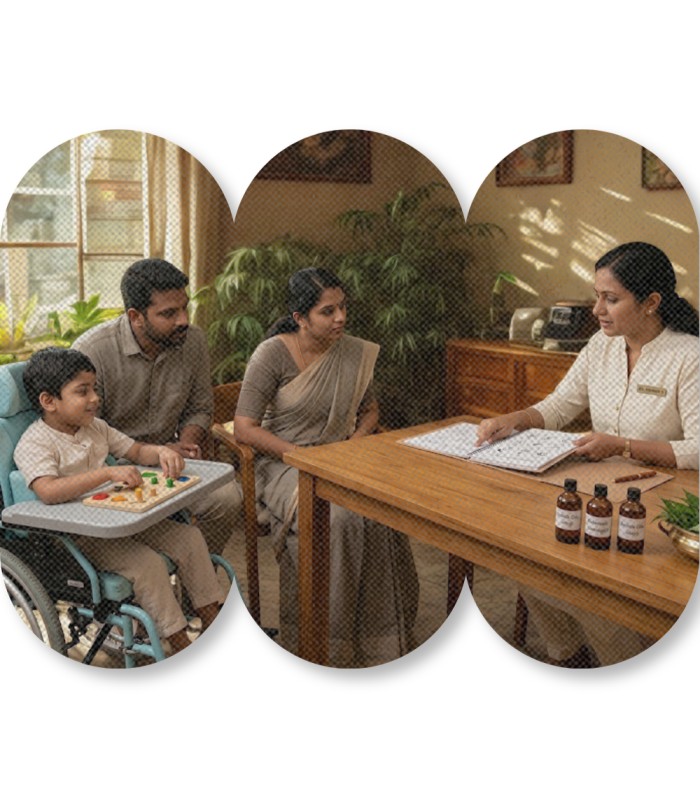 Ayurvedic doctor explaining cerebral palsy rehabilitation support to parents at Nivera Ayur Care