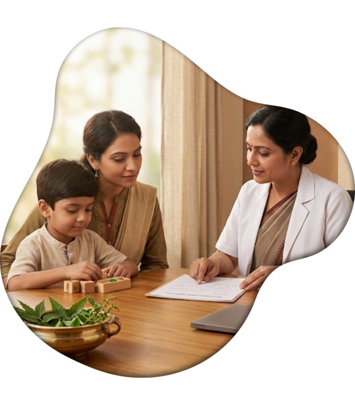 Ayurvedic doctor discussing personalized ADHD support plan with parent and child