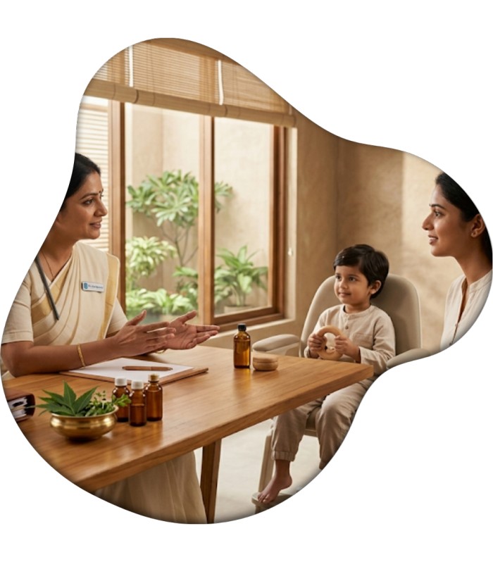 Ayurvedic doctor discussing personalized autism support plan with parent and child in Kochi