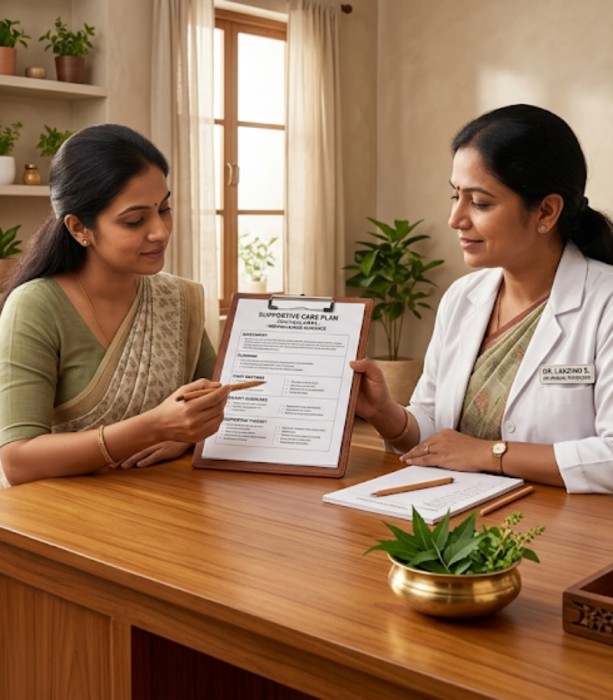 Ayurvedic doctor explaining ADHD support process to parent at Nivera Ayur Care