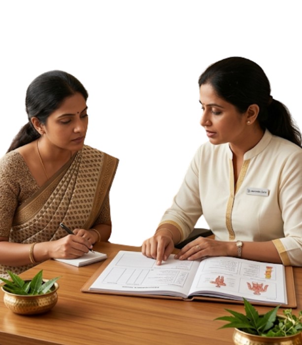 Ayurvedic doctor explaining autism support process to parent at Nivera Ayur Care Kochi