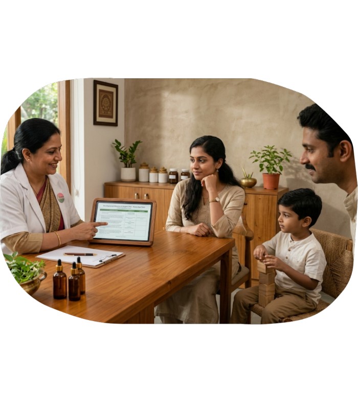 Ayurvedic doctor explaining developmental delay support plan to parents at Nivera Ayur Care (1)