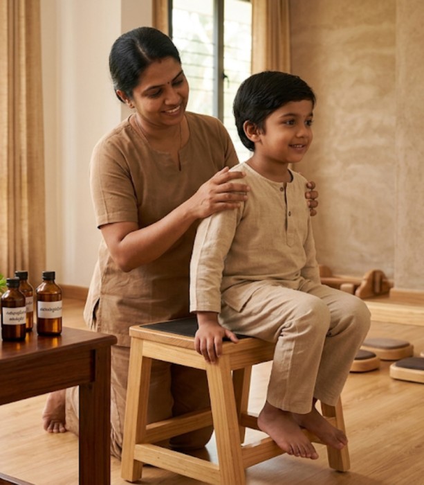 Child receiving assisted balance and posture support during Ayurvedic rehabilitation session