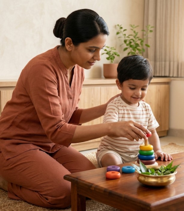 Child receiving milestone and developmental support during Ayurvedic therapy session