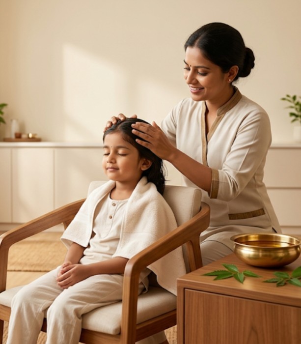 Gentle head oil therapy for a child during Ayurvedic developmental support care