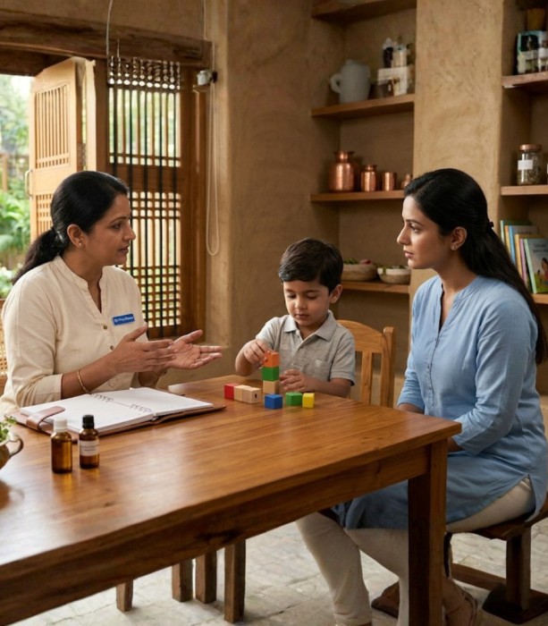 Parent and Ayurvedic doctor observing a child during autism support assessment in Kochi