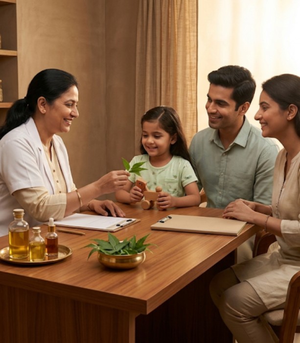 Parents and child meeting Ayurvedic doctor for cerebral palsy rehabilitation support in Kochi