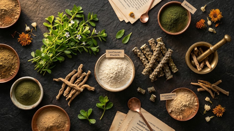 Ayurvedic Rasayana herbs — Brahmi, Ashwagandha, Shatavari used for stroke neuro-regeneration