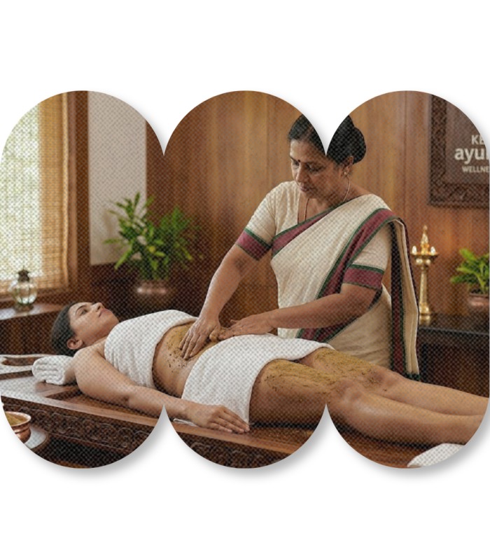 Ayurvedic Udvartana slimming treatment in Kochi for weight loss, cellulite reduction, and body toning.