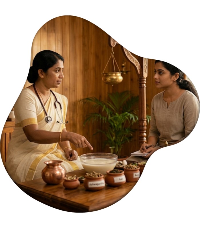 Ayurvedic doctor consultation for Ksheeradhara treatment in Kochi for stress, insomnia and mental relaxation.