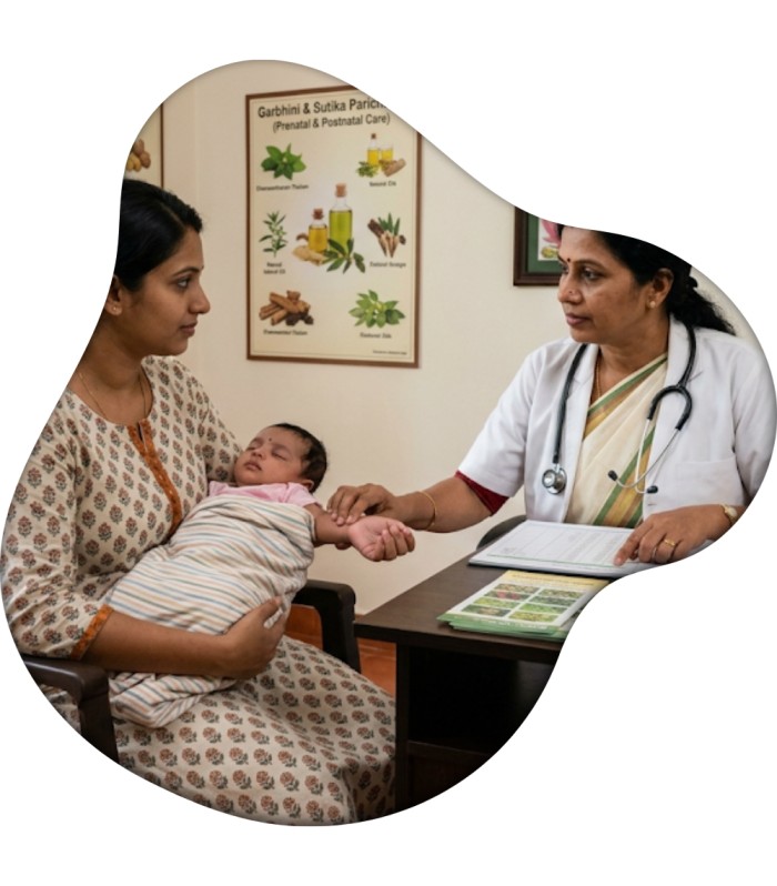Ayurvedic postnatal consultation with doctor examining mother and newborn at Nivera Ayur Care Kochi