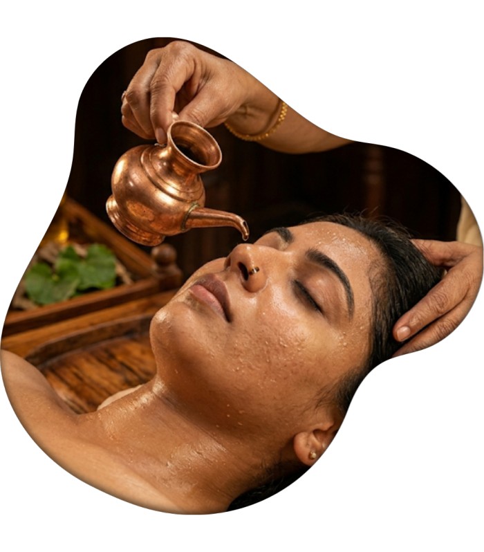 Ayurvedic therapist performing traditional Nasyam treatment using herbal nasal therapy