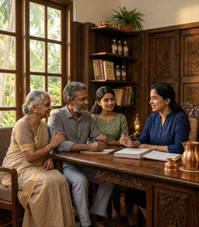 Family consultation at Nivera Ayur Care before Panchakarma — transparent physician communication Kochi Kerala