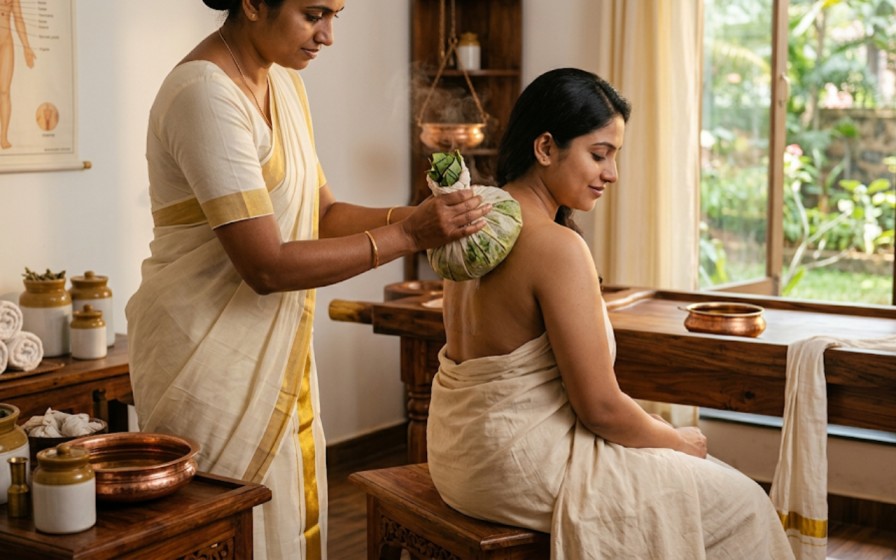 Kizhi therapy for postnatal body pain relief and relaxation in Ayurveda