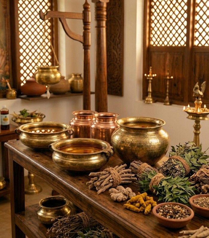 Mahanarayan Taila and Karpasasthyadi medicated oils prepared for Pizhichil therapy at Nivera Ayur Care Kochi