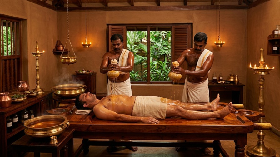 Pizhichil warm oil bath therapy for Vata pacification and stroke recovery at Nivera Ayur Care
