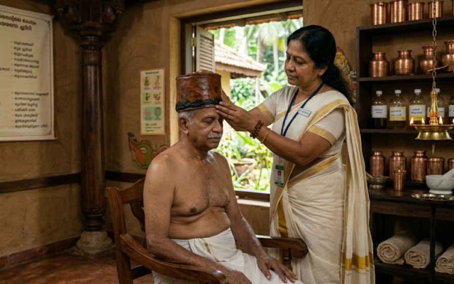 Shirobasti oil retention therapy for cranial nerve and brain nourishment at Nivera Ayur Care
