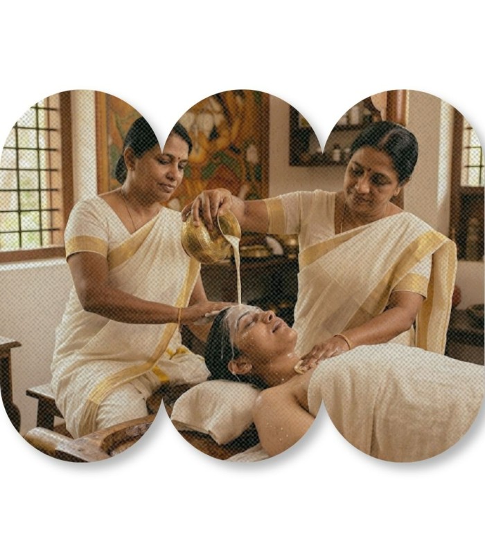 Shirodhara Ayurveda therapy with medicated oil poured on forehead for stress and neurological balance