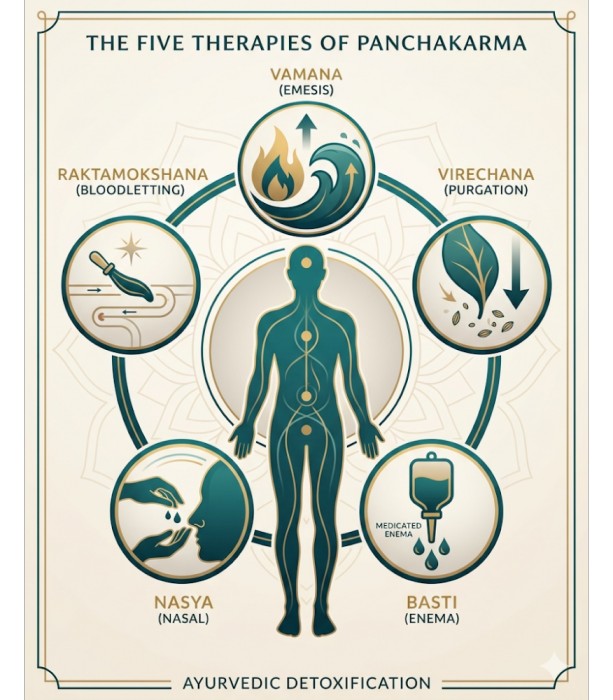 The five Panchakarma therapies — Vamana Virechana Vasti Nasyam Raktamokshana — classical Ayurvedic