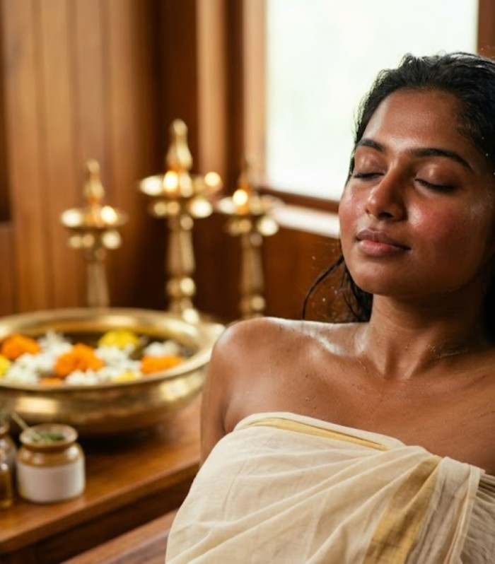 Udvartana Ayurvedic therapy for skin exfoliation, improved texture, and natural glowing skin.