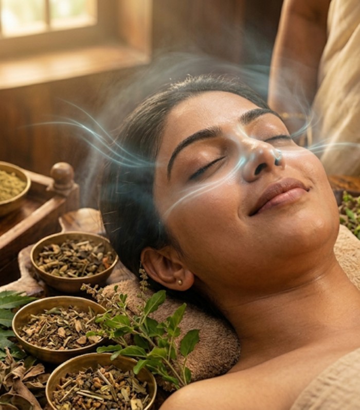 Woman experiencing relief from sinus congestion after Ayurvedic Nasyam therapy