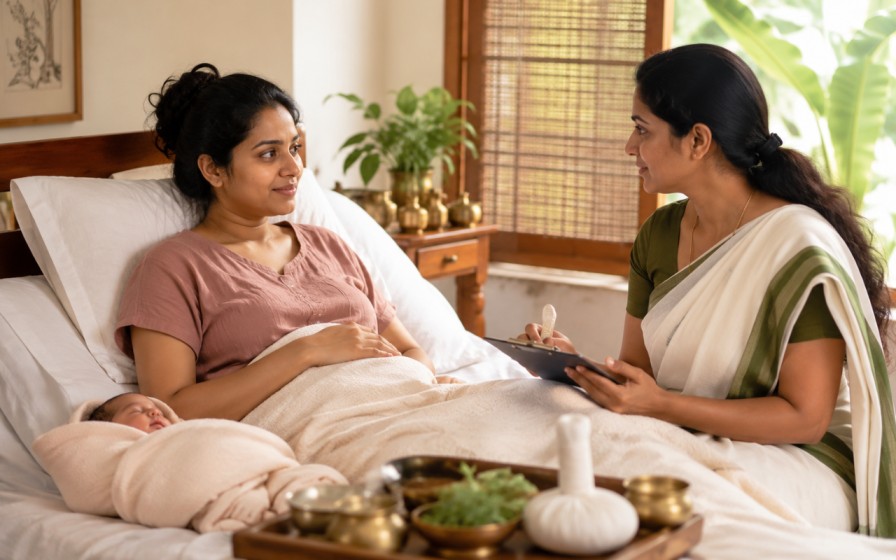 Mother recovering after C-section with Ayurvedic postnatal care support