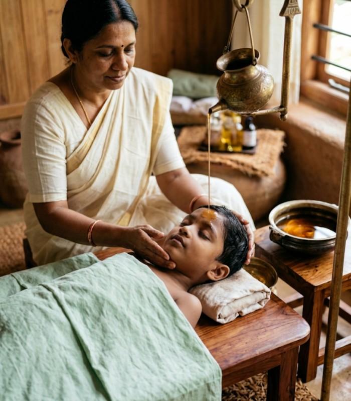 Child receiving Shirodhara Ayurvedic therapy for ADHD and autism neurological calming — Kochi Kerala