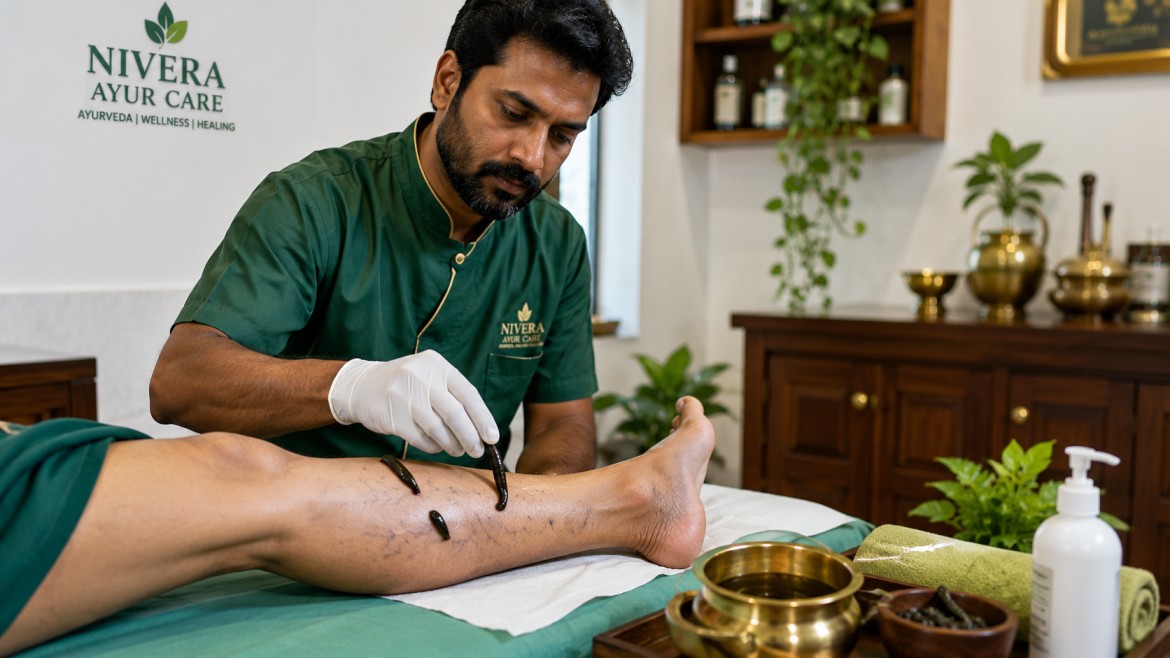 Medicinal leech therapy for varicose vein treatment at an Ayurvedic hospital