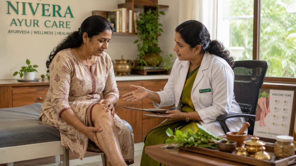 Ayurvedic doctor consulting a patient for varicose vein treatment in Kochi