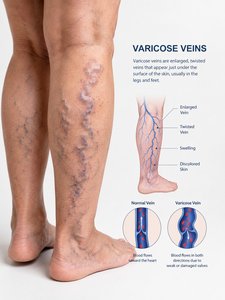 Visible varicose veins in the legs showing enlarged twisted veins