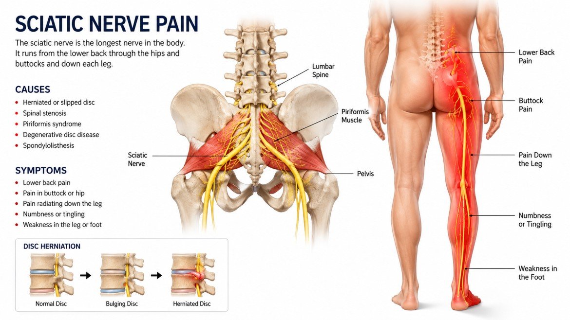 Illustration showing sciatic nerve pain radiating from lower back to leg