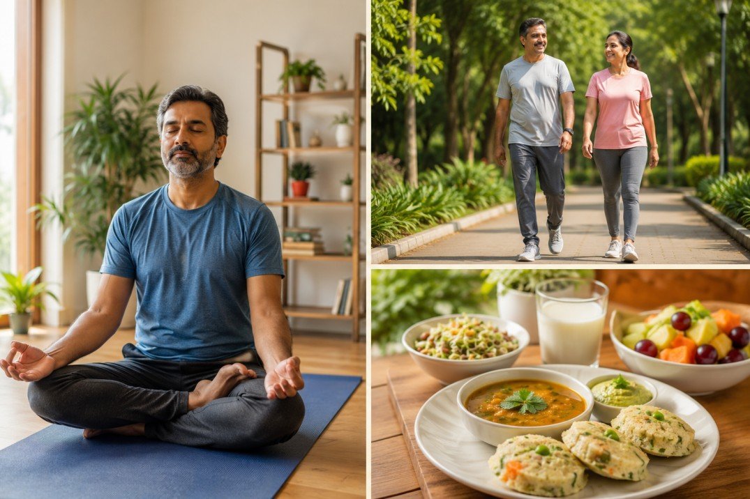 Healthy Indian adult practicing yoga, walking, and following an Ayurvedic diet to support diabetes management and overall wellness.