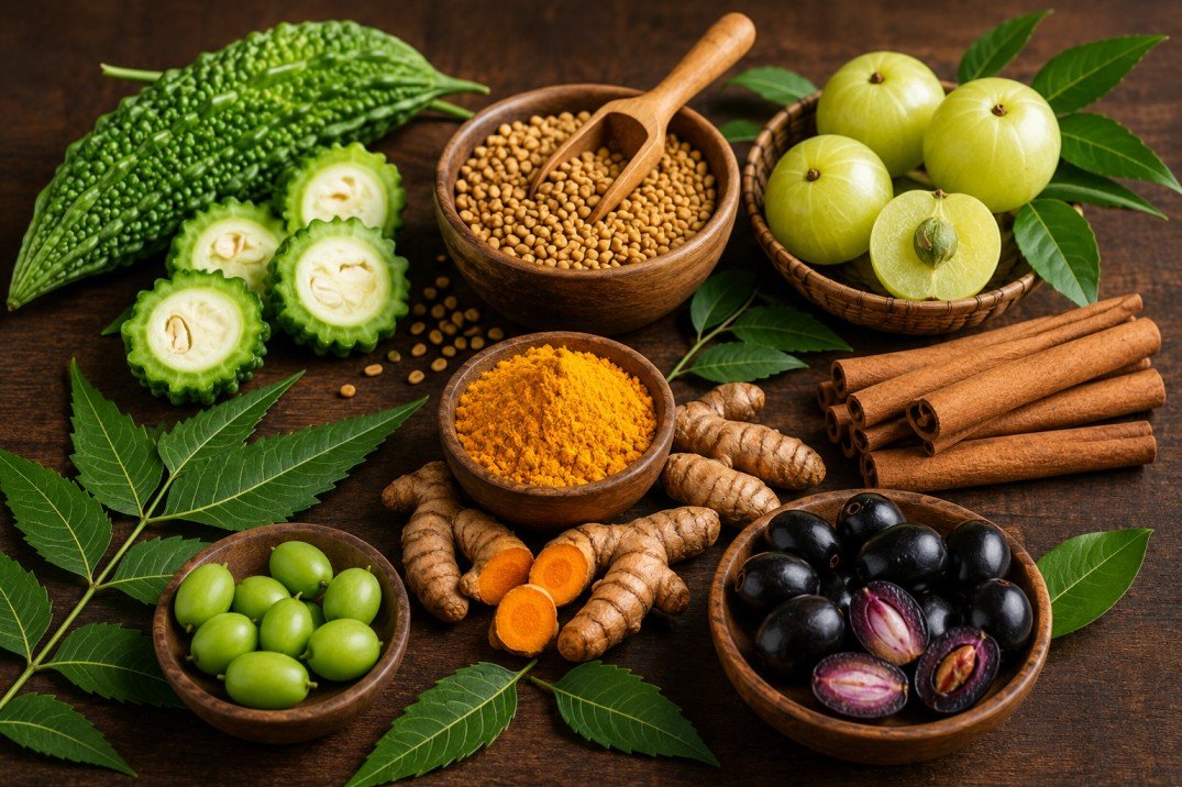 Ayurvedic herbs including bitter gourd, fenugreek, amla, turmeric, neem, cinnamon, and jamun used to support healthy blood sugar levels.
