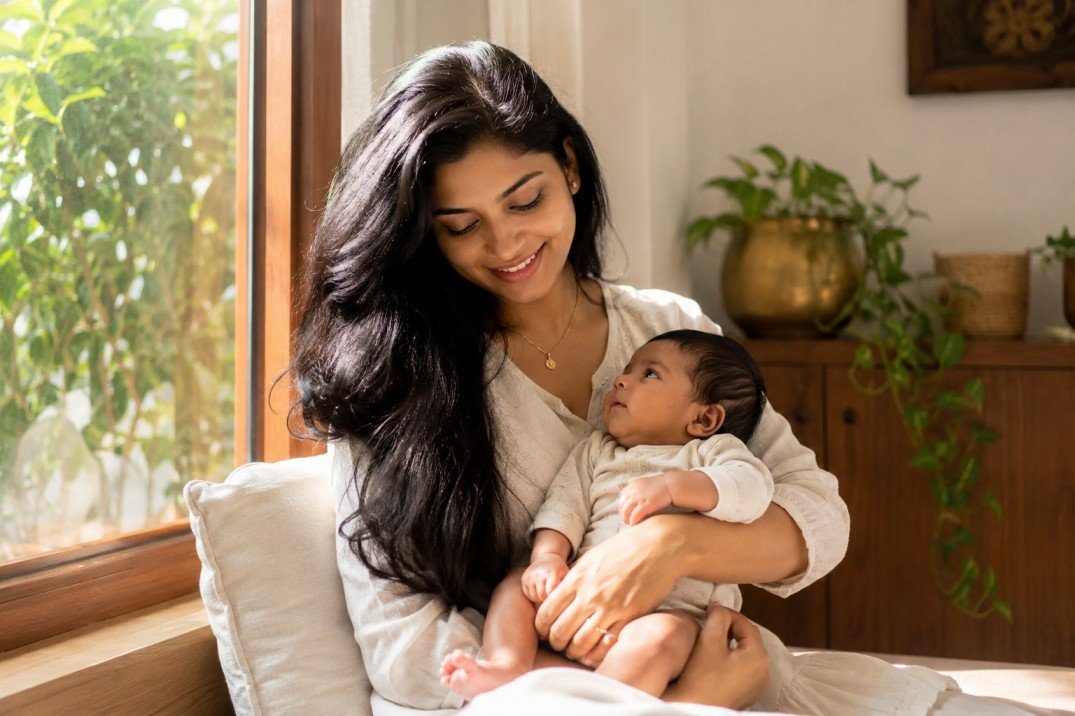 Indian mother with healthy hair after postpartum hair fall Ayurvedic treatment in Kerala