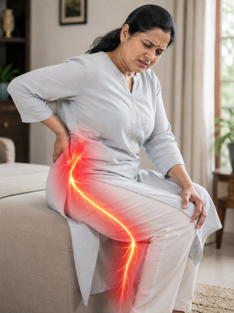 Woman experiencing sciatic nerve pain radiating from lower back to leg