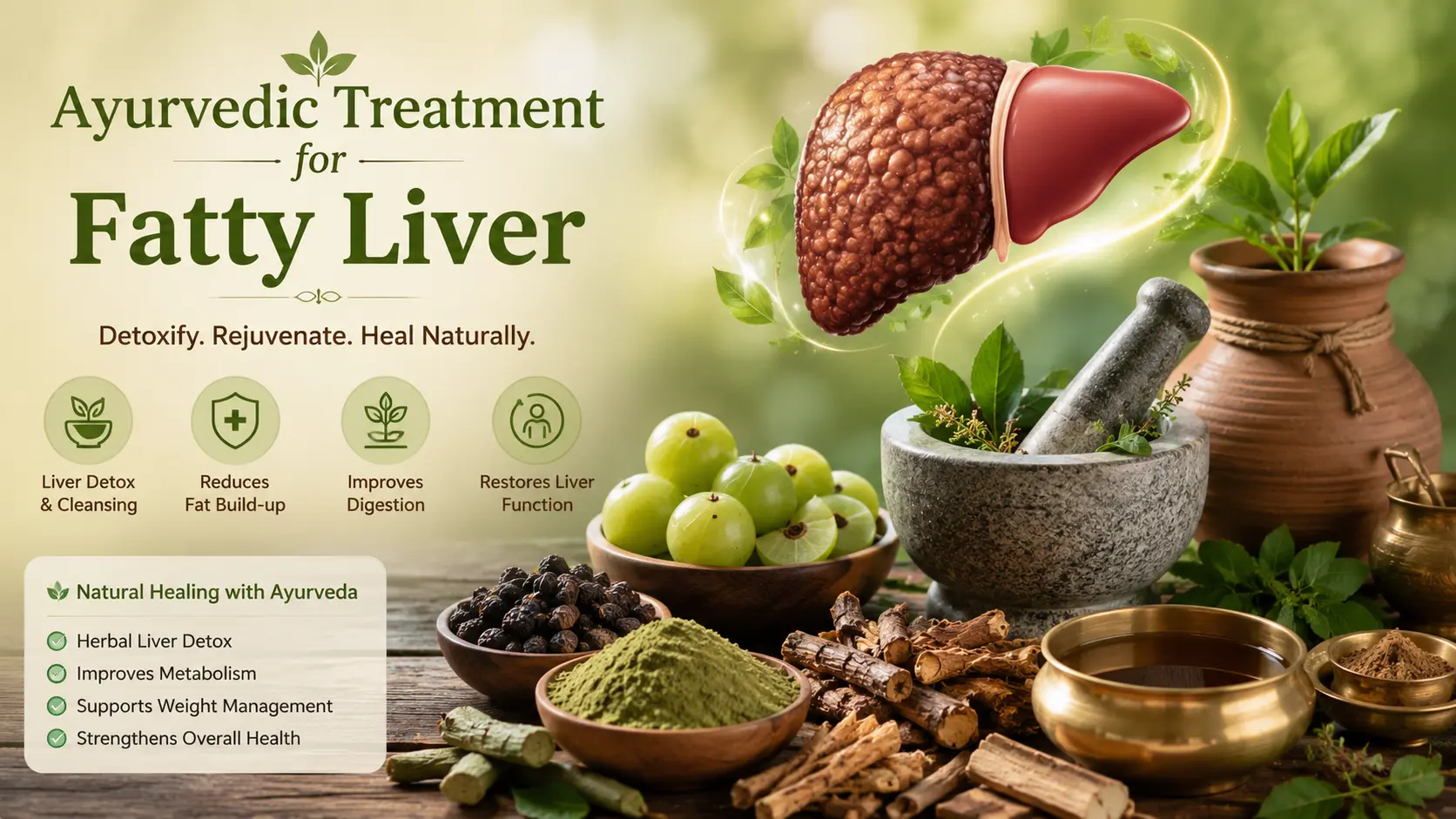 Ayurvedic treatment for fatty liver using natural herbs to support liver detoxification and healthy liver function.