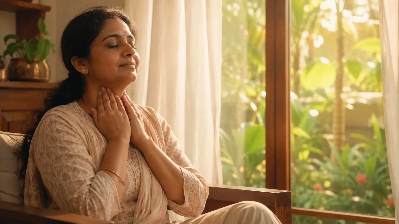 South Indian woman experiencing thyroid fatigue finding relief through Ayurvedic treatment for hypothyroidism in Kerala