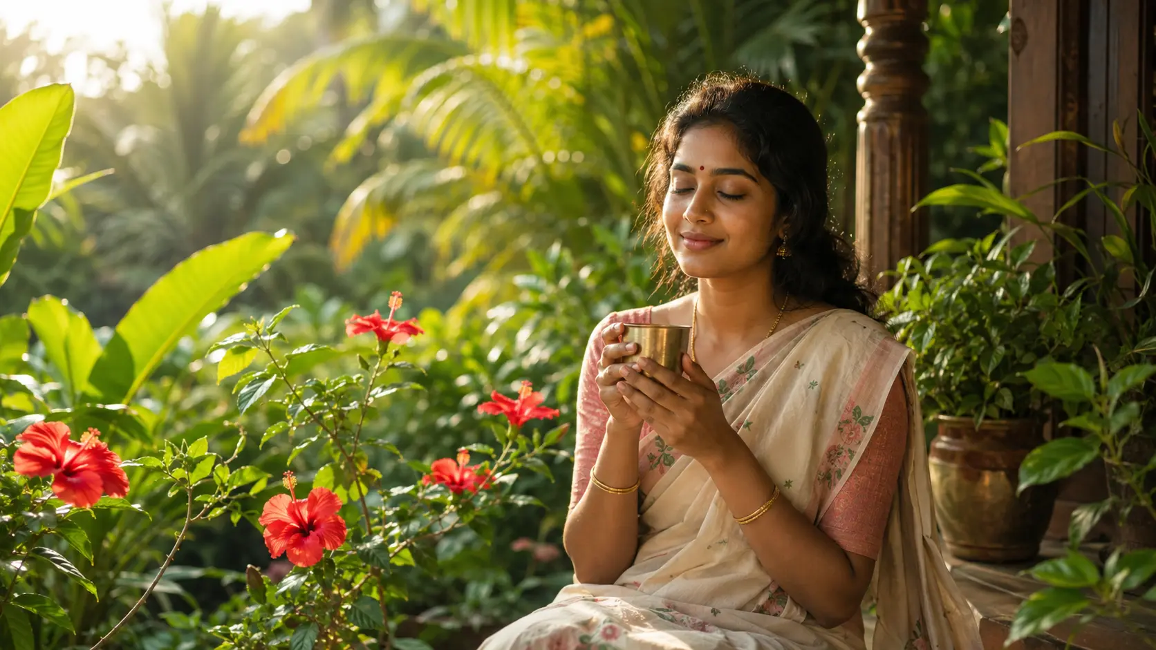 Young South Indian woman practicing Ayurvedic morning wellness routine for PCOS management in Kerala