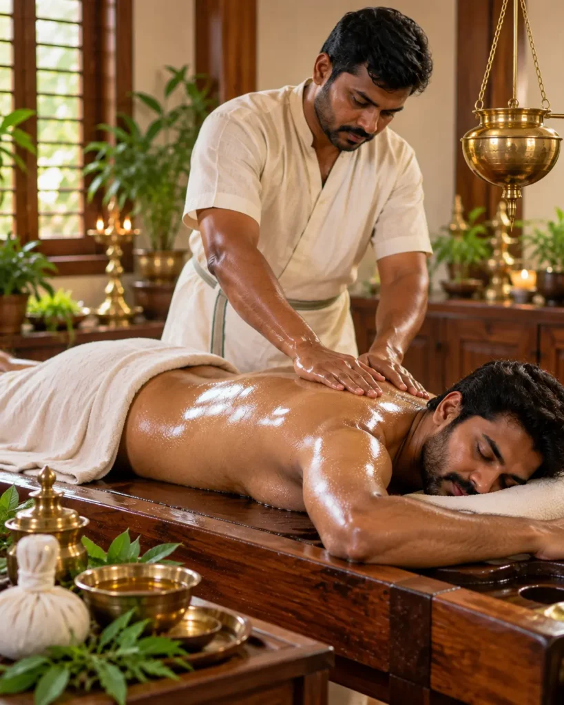 Male patient receiving a traditional Abhyangam full body Ayurvedic massage from a trained male therapist at Nivera Ayur Care in Kochi, Kerala.