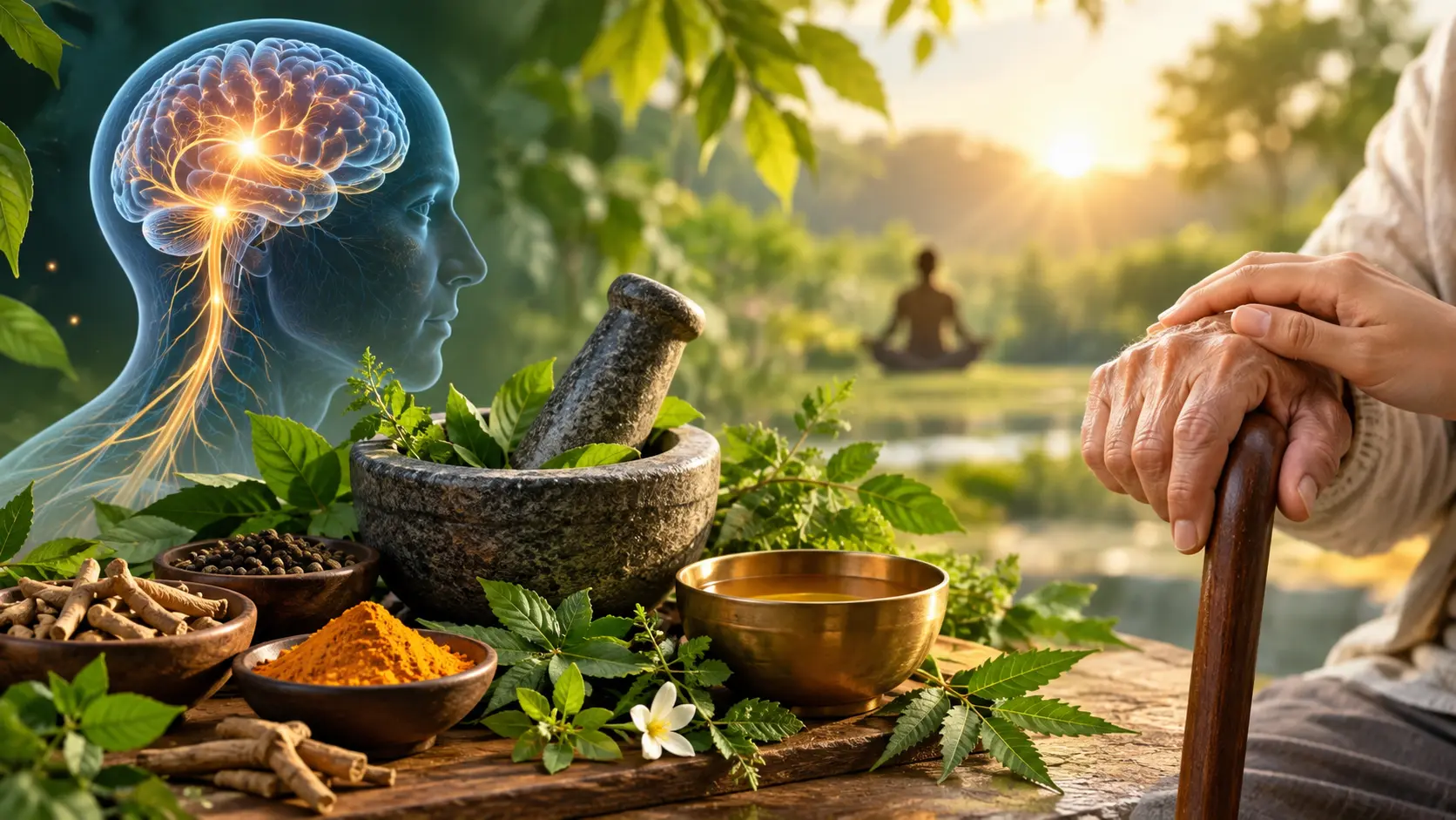 Ayurvedic herbs, herbal oil bowl, and supportive care imagery representing holistic Ayurvedic care for Parkinson’s disease in a peaceful natural setting.