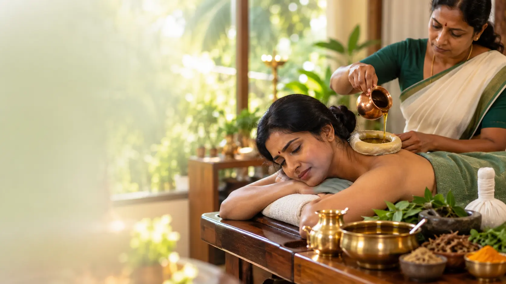 South Indian woman receiving Ayurvedic Greeva Basti treatment for cervical spondylosis and neck pain.