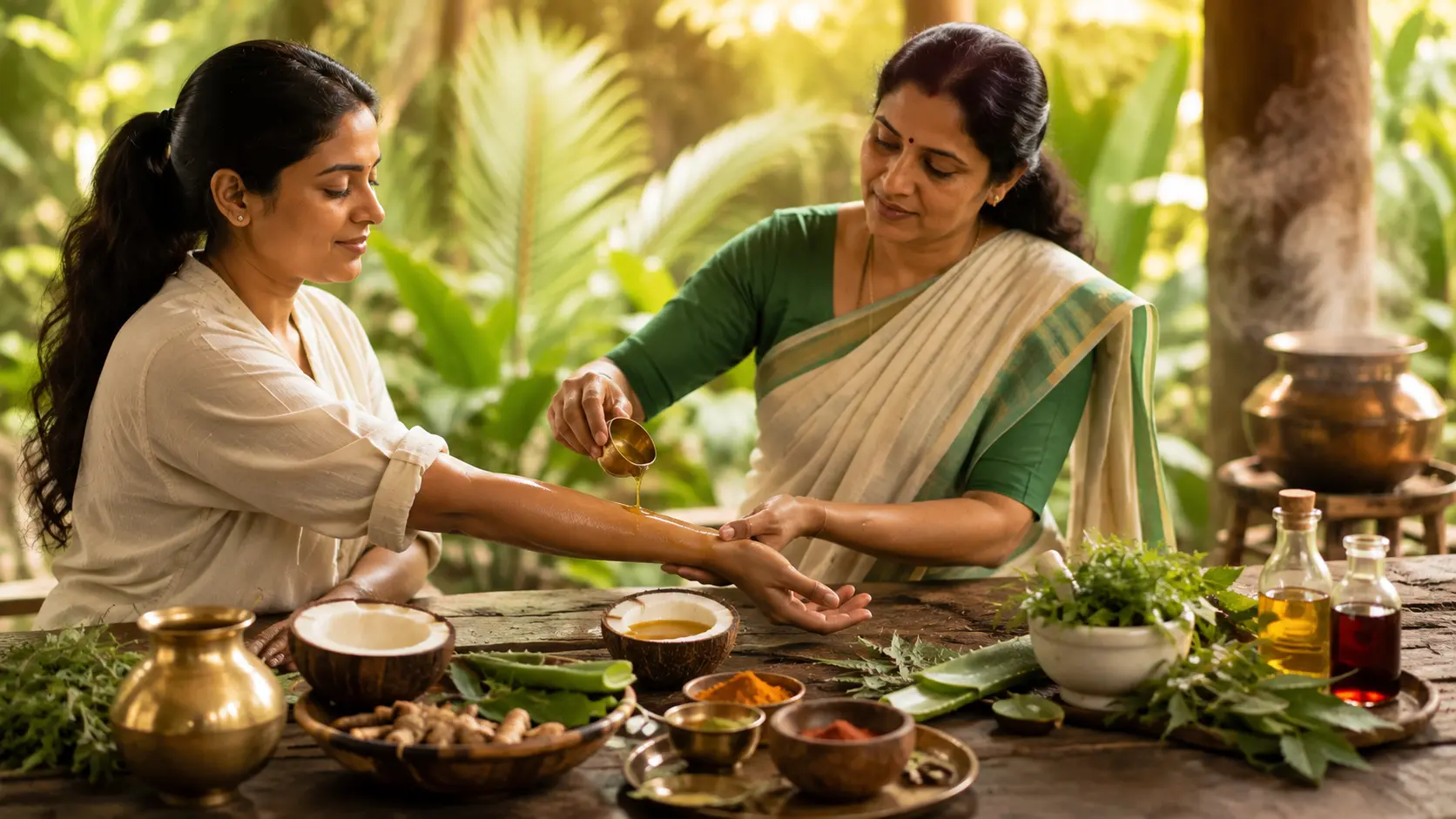 South Indian adult receiving Ayurvedic herbal oil therapy with neem, turmeric, aloe vera, and traditional medicinal herbs in a Kerala wellness setting for natural psoriasis skin healing and detoxification.