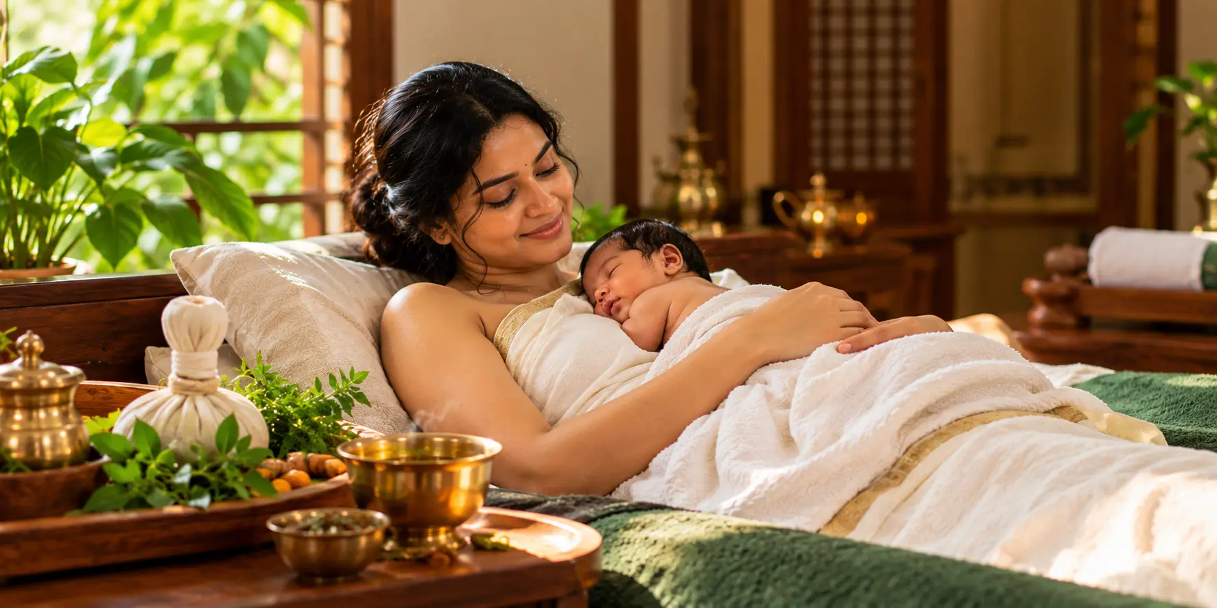 South Indian mother with her newborn during Ayurvedic postnatal recovery at Nivera Ayur Care in Kochi.