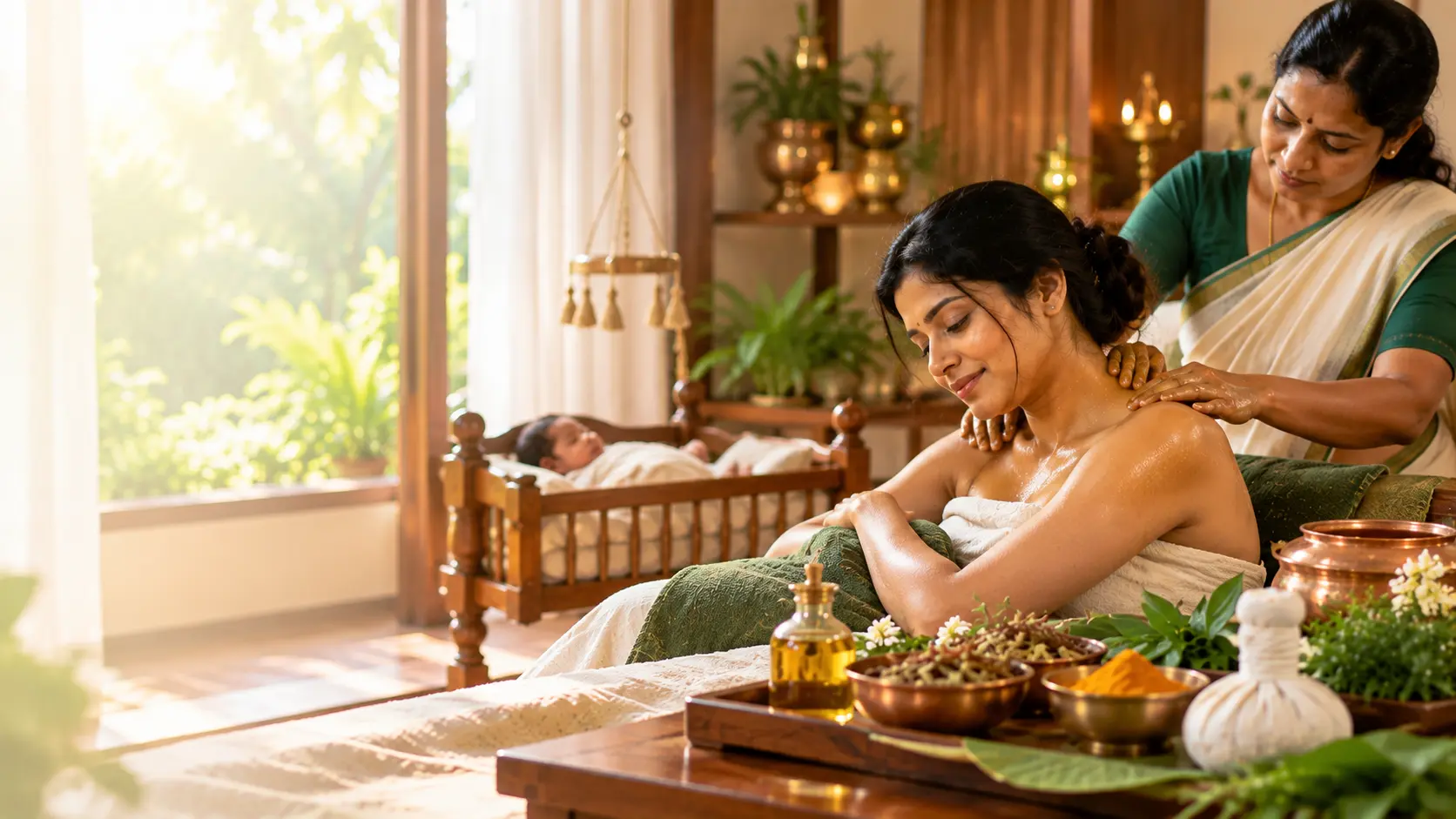 South Indian mother receiving Ayurvedic Prasava Raksha postnatal care during the first 42 days postpartum recovery in Kerala.