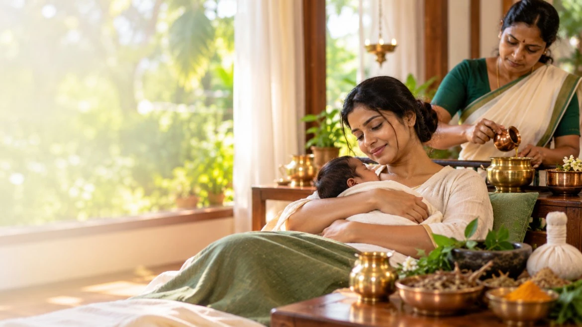 South Indian mother receiving Ayurvedic Prasava Raksha postnatal care to support emotional wellness and postpartum recovery in Kerala.