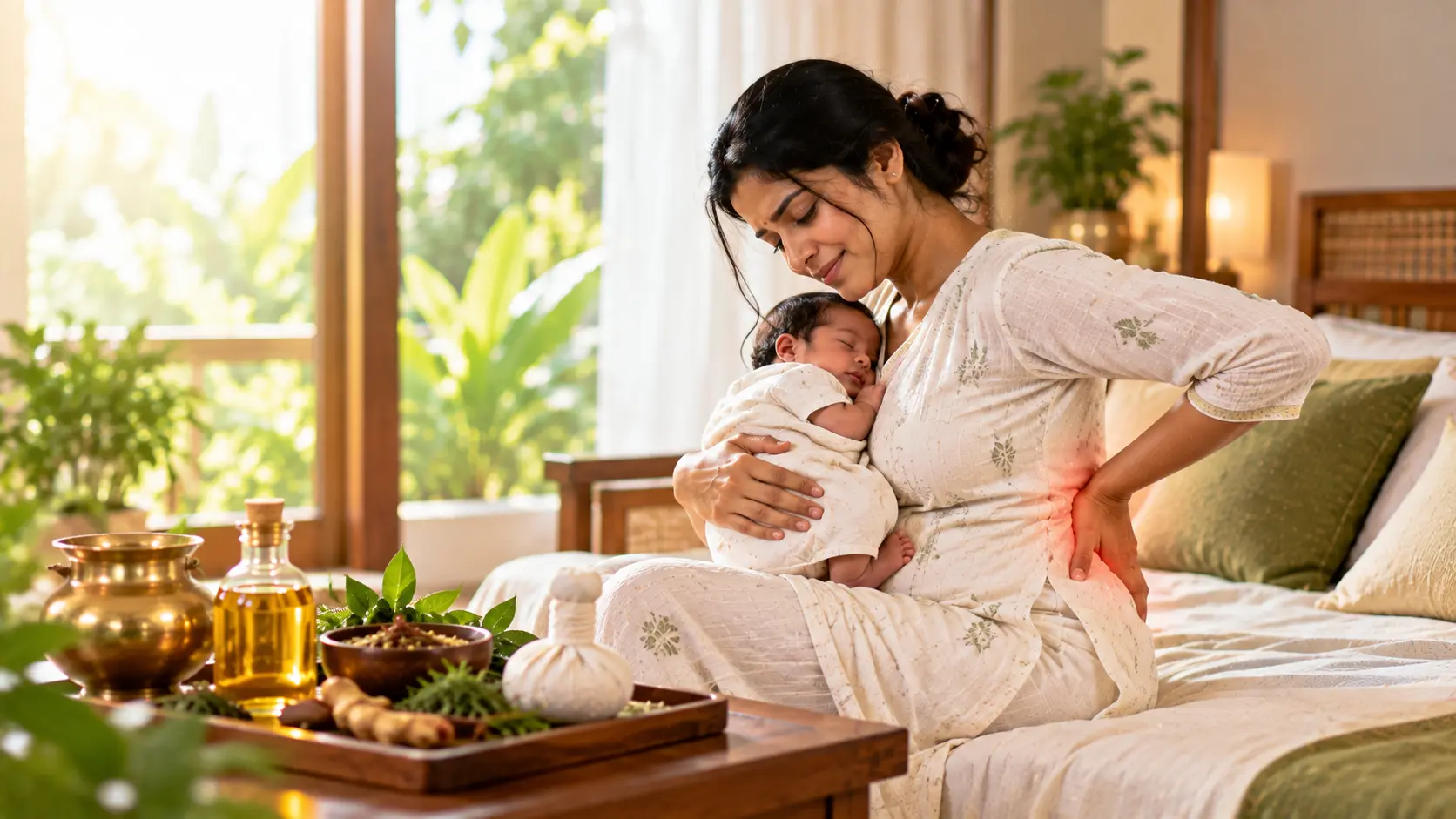 South Indian mother experiencing postpartum back pain while holding her newborn at home.
